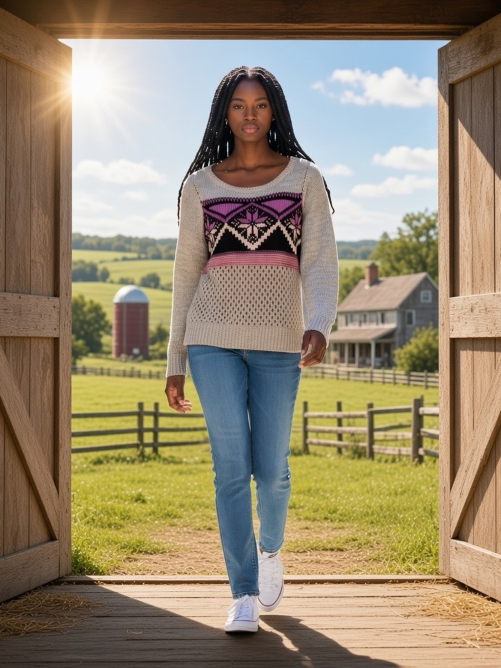 American Eagle Outfitters Neutral Knit with Pink and Black Fair Isle Pattern